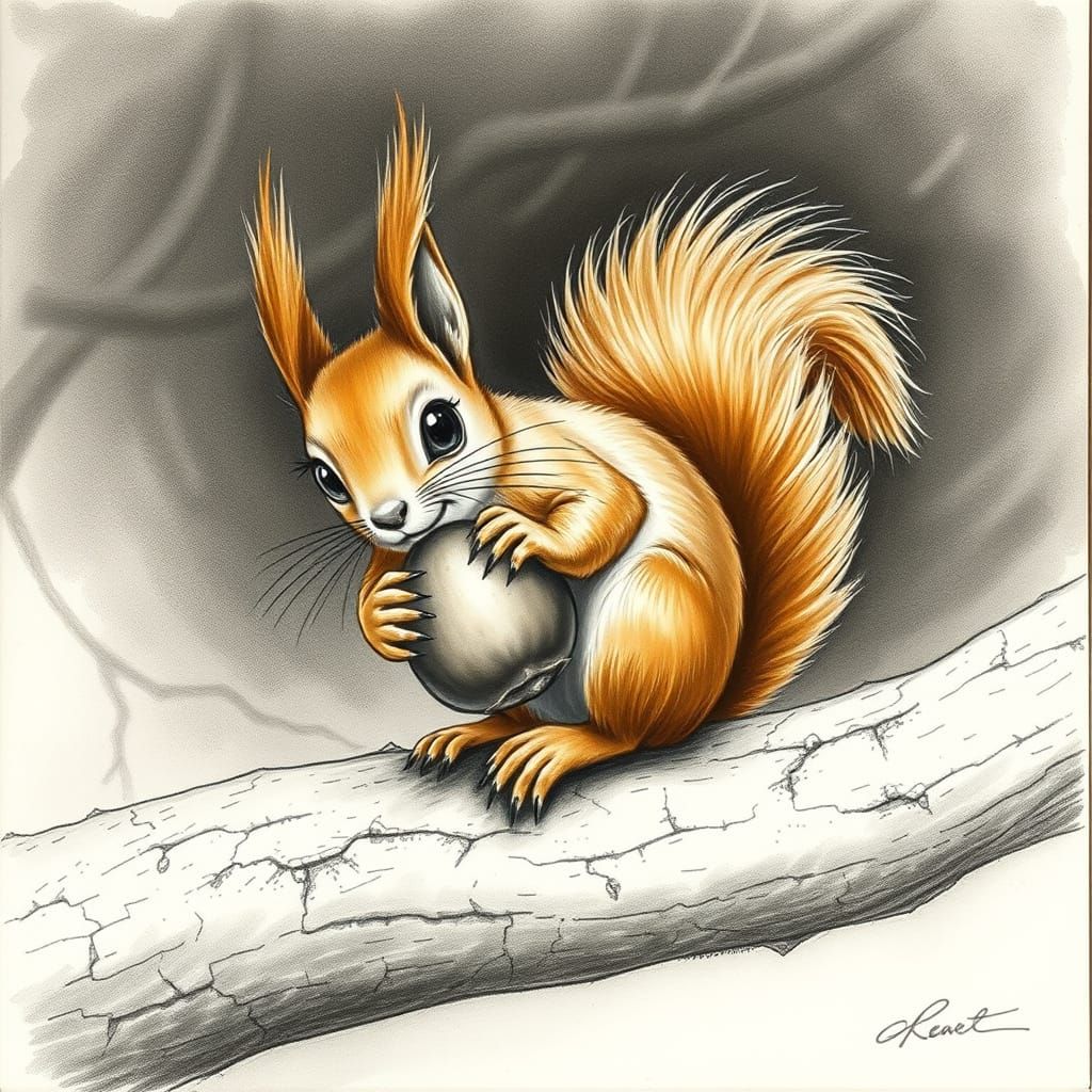 Elegant Charcoal Drawing of Curious Red Squirrel
