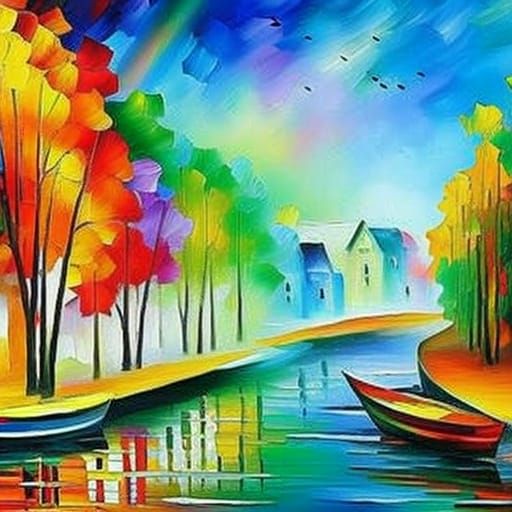 Rainbow Houses Canal: Impasto Style Colorful Scene
