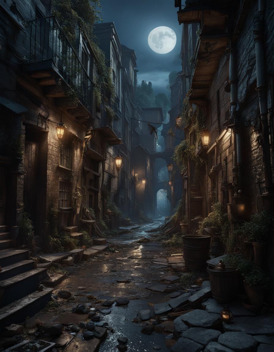 Moonlit Rogue in Dark Fantasy Alleyway