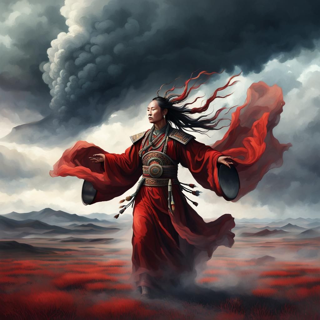 Mongolian Shaman in Windy Steppe: Digital Matte Painting