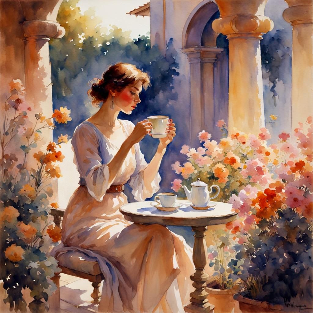 Woman in Flower Garden Watercolor Painting