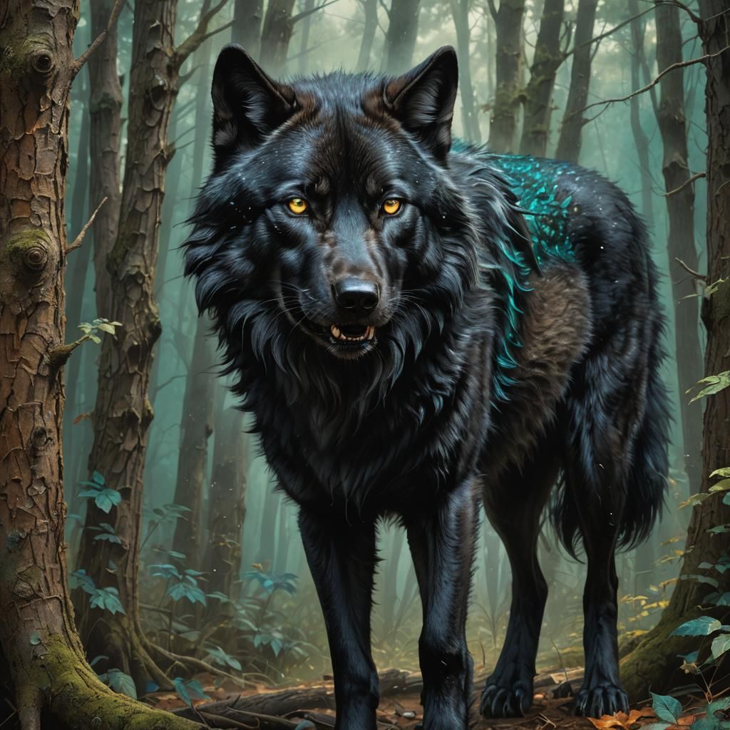 Detailed Black Wolf with Teal Eyes in Forest