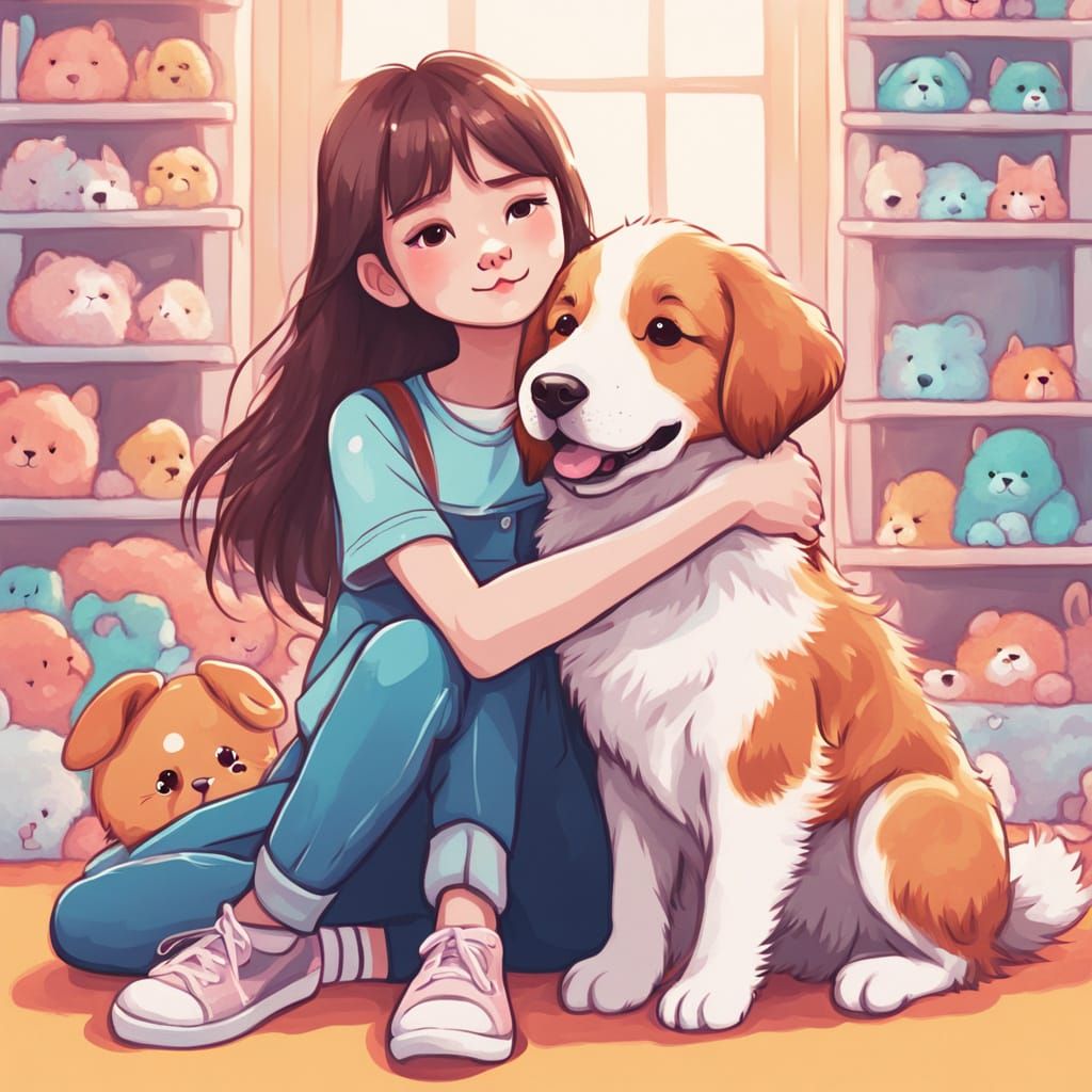 Whimsical Girl Hugs Kawaii Puppy in Pastel Colors