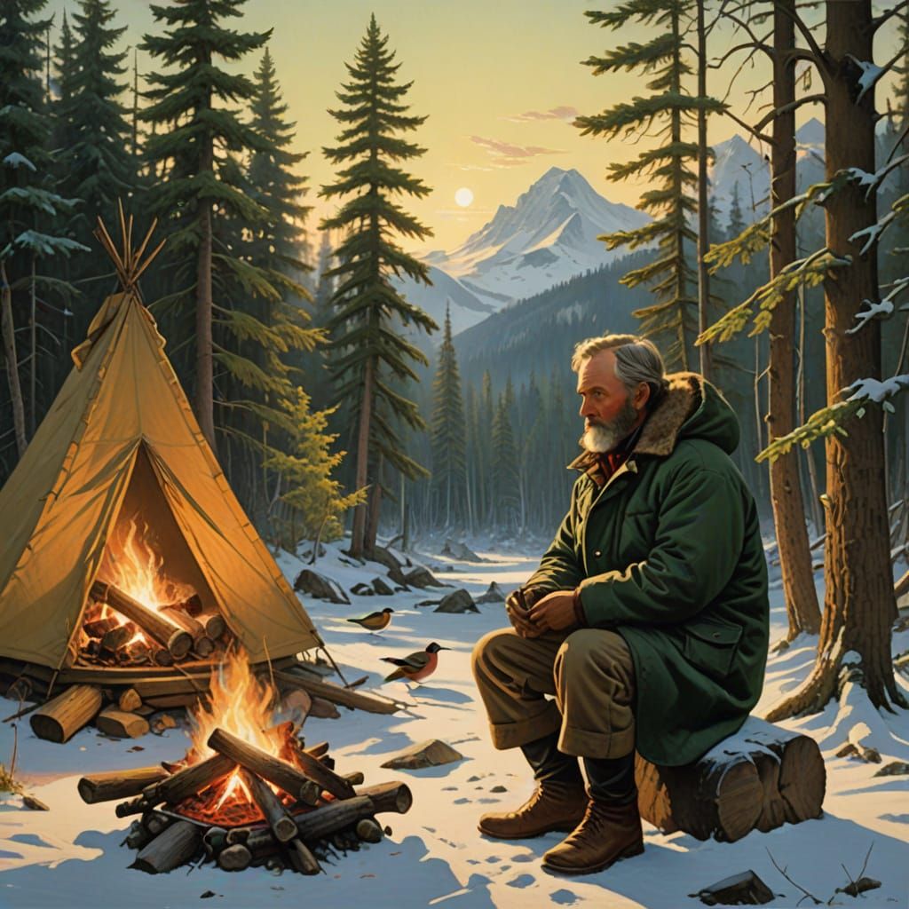 Winter Wilderness Scene in Gouache Style