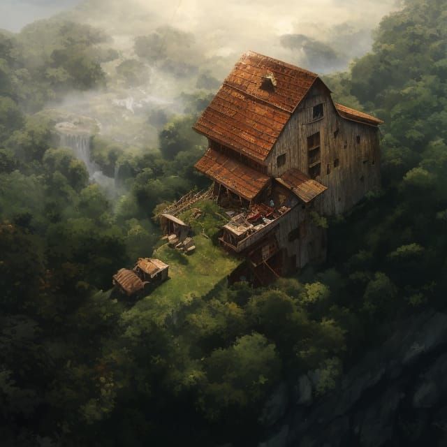 Rustic Farmhouse Cliffside Illustration in Maximalist Style