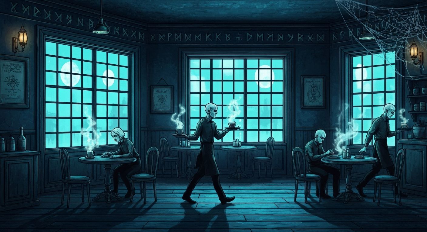 Eerie Moonlit Coffeehouse with Ghostly Figures