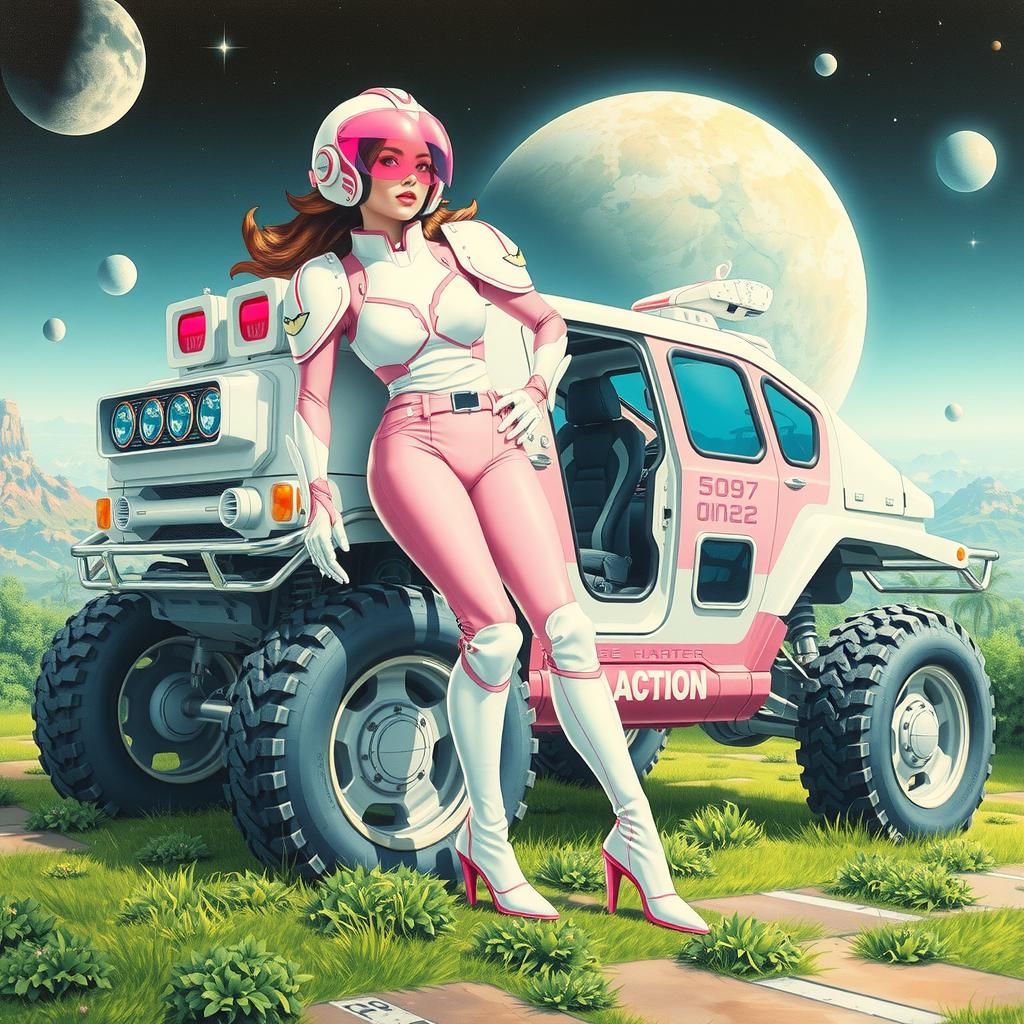 Retro 80s Sci-Fi Model with Futuristic Tank