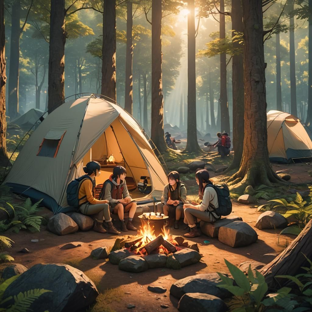 Anime Style: Camping in Forest at Golden Hour