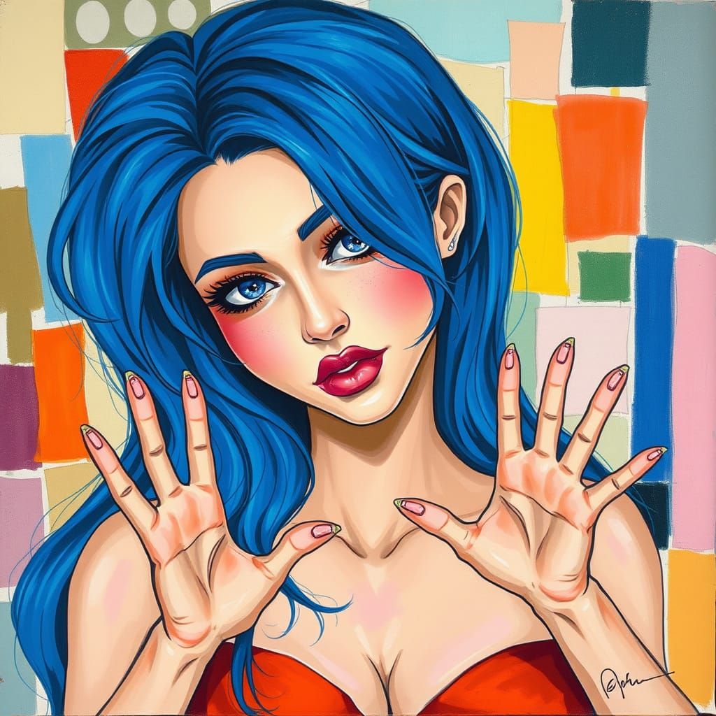 Abstract Portrait: Woman with Blue Hair and Eyes