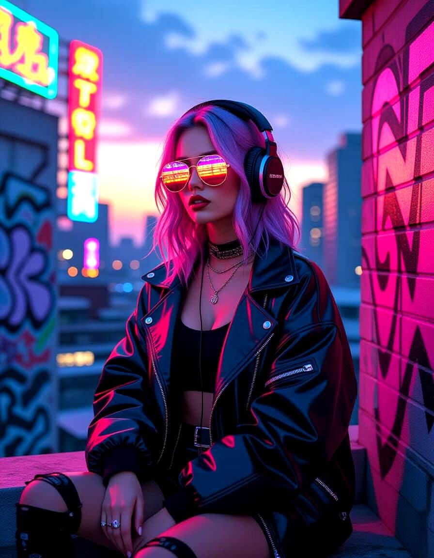 Stylish Woman on Rooftop at Dusk in Cyberpunk Style