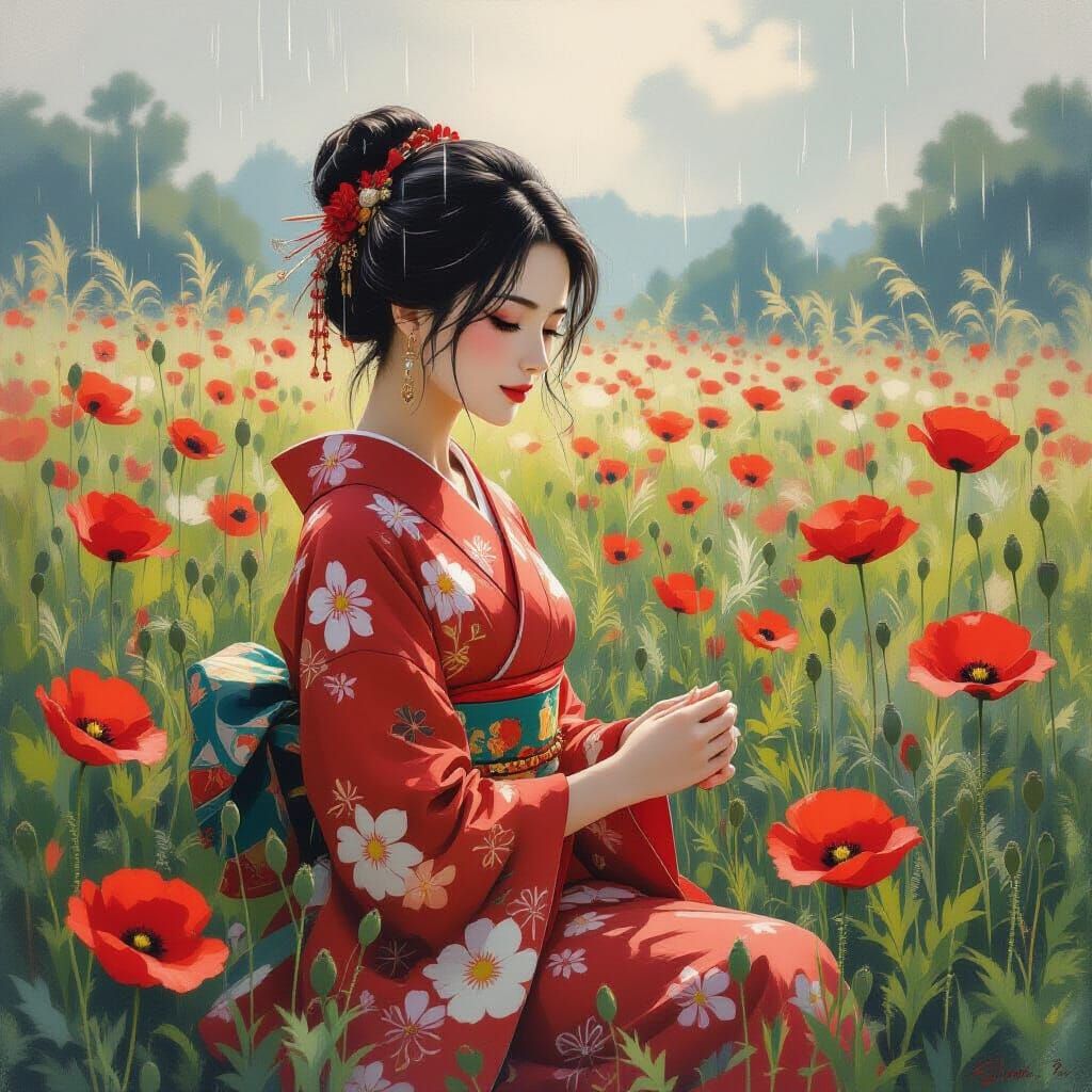 Japanese Woman in Poppy Field, Ukiyo-e Style