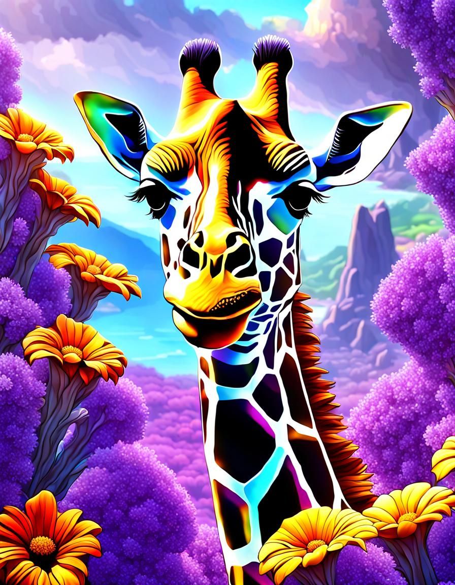 Amethyst Crystal Giraffe in Stained Glass Landscape