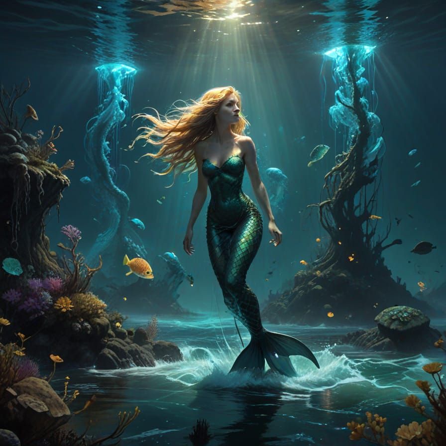 Ethereal Mermaid Under Siege in the Hyper-Realistic Oceanic....