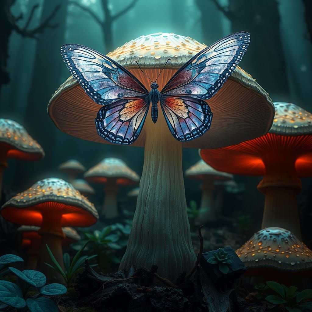 Butterfly on Luminous Mushroom in Surreal Forest