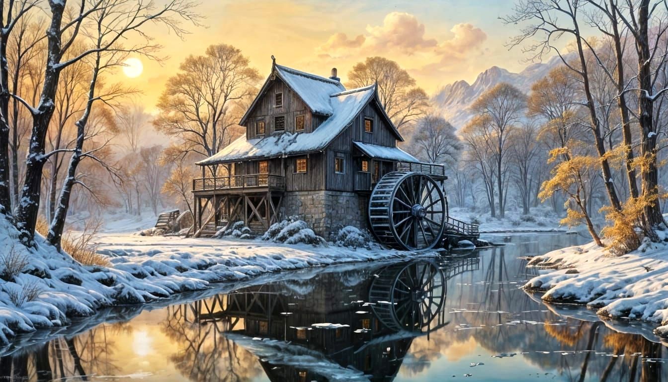 Winter Wonderland Water Wheel in Ink Painting Style