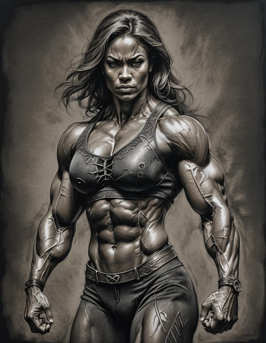 Powerful Woman's Muscular Physique in Charcoal Sketch