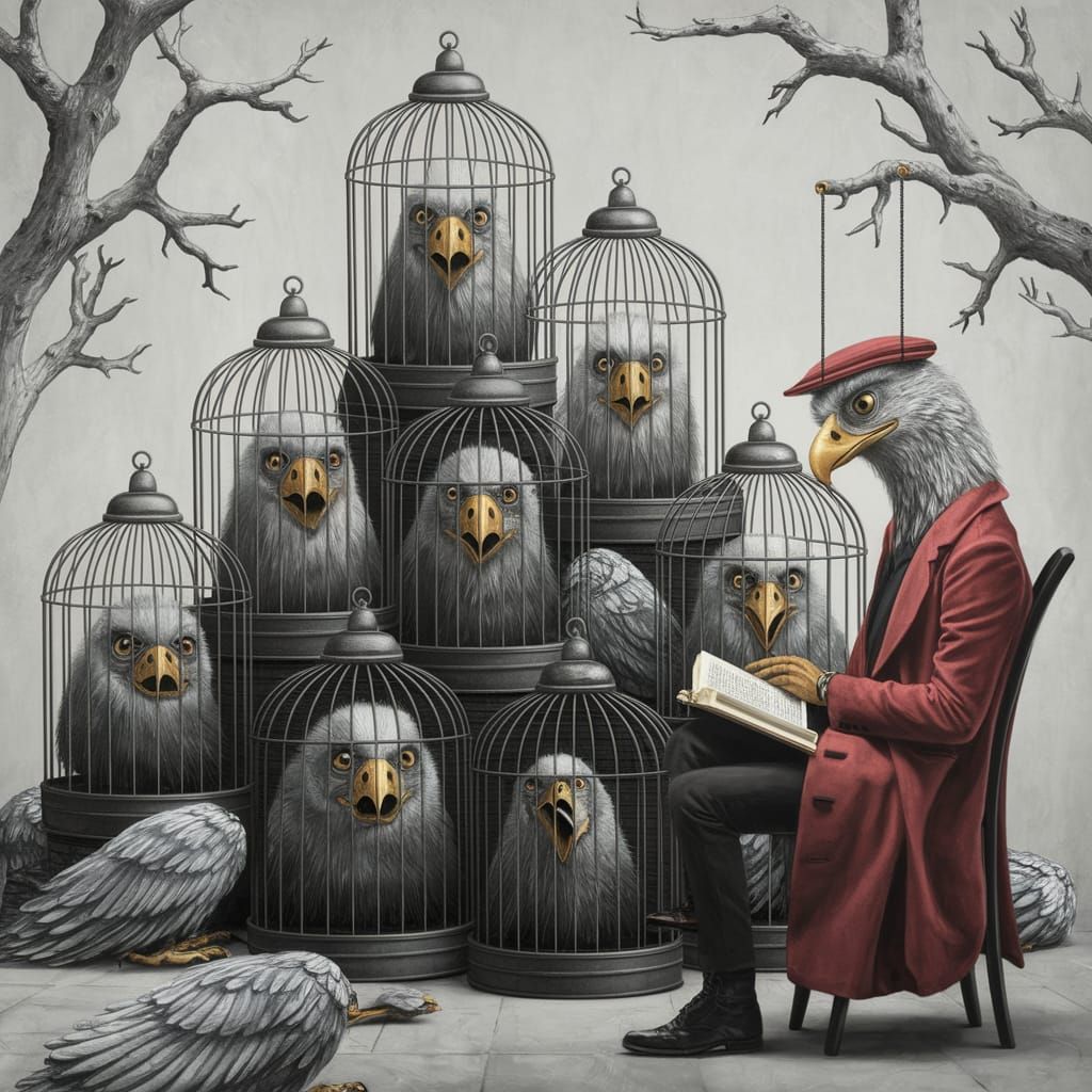 Surreal Landscape with Bird Skeletons and Captive Creatures ...