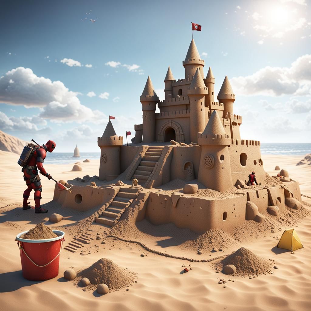 Deadpool Builds Sandcastle: Hyperrealistic Artstation Qualit...