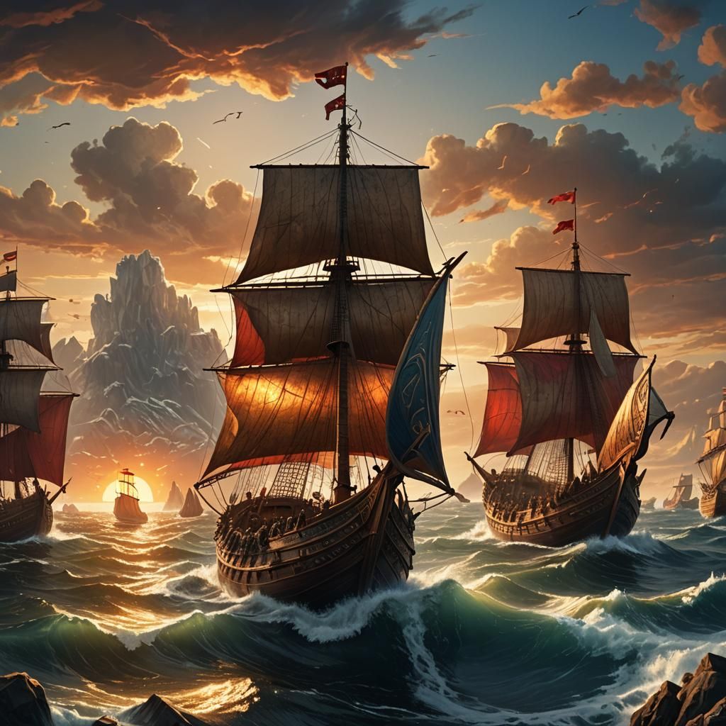 Viking Ships Approaching Shore in Golden Light