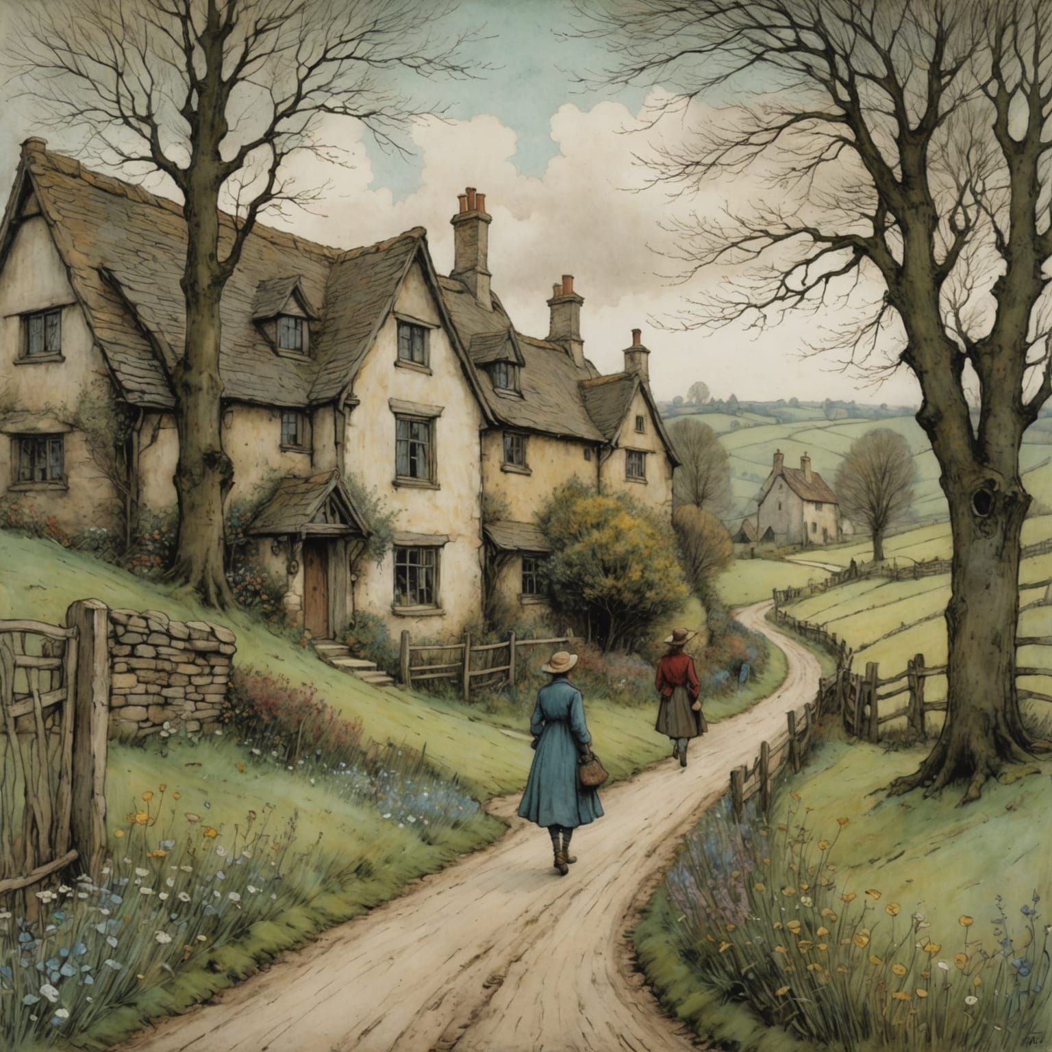 Whimsical Countryside Scene in Dreamy Oil Pastel