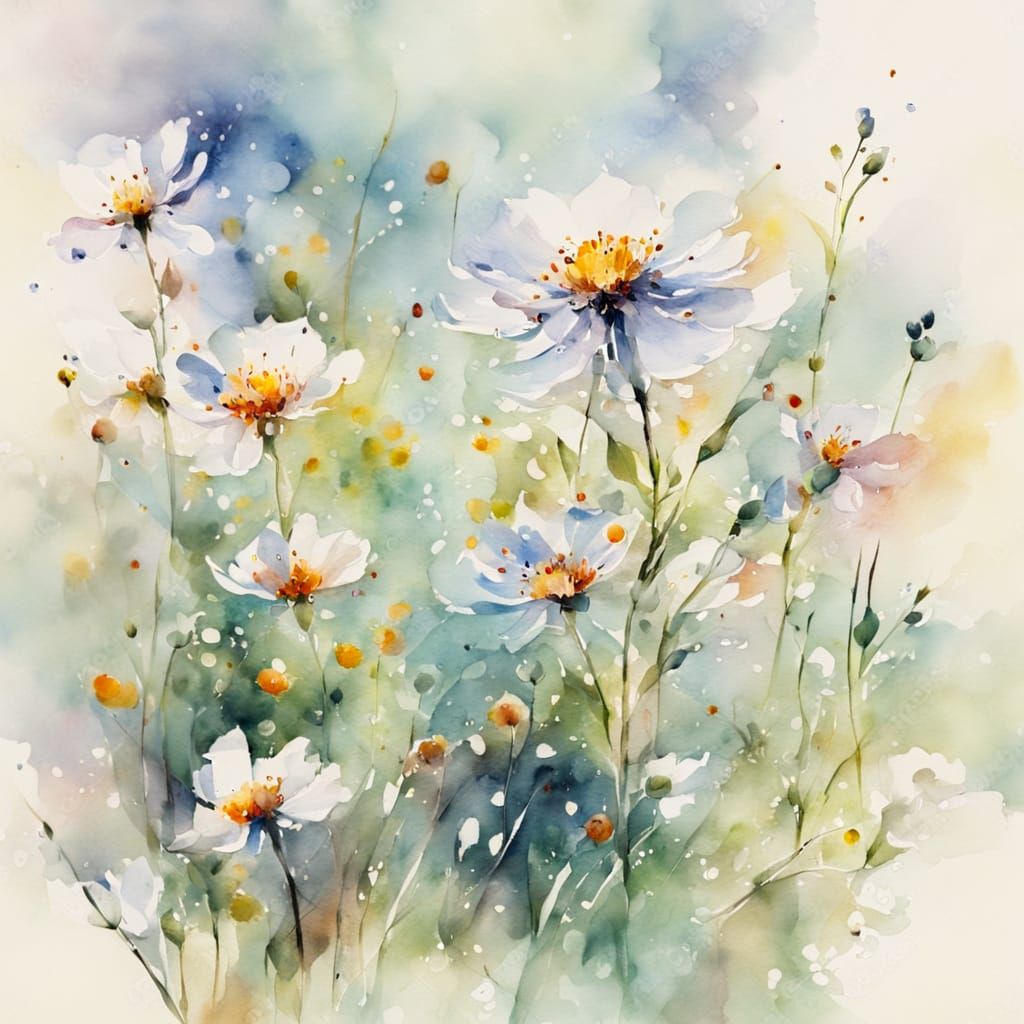 Impressionist Watercolor Flowers Swaying in the Wind