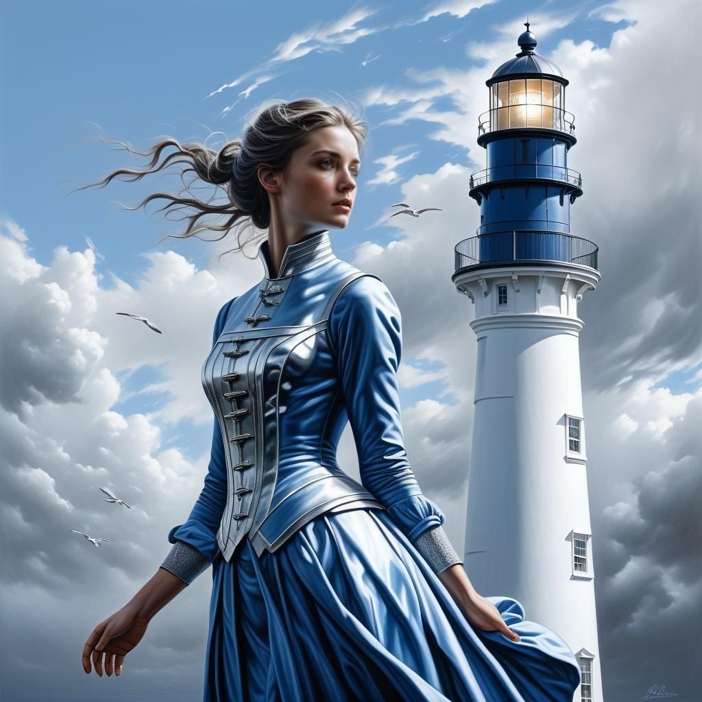 Hyperrealistic Maiden in Blue by Lighthouse