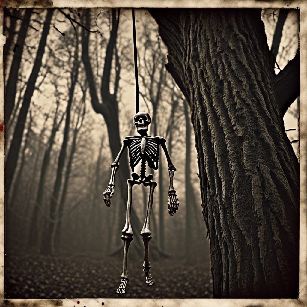 A Halloween horror movie poster inspired image of a skeleton hanging on a noose knotted rope hanging from a tree in the ...