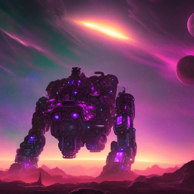 Massive Robot Under Starry Sky in Fantasy Art