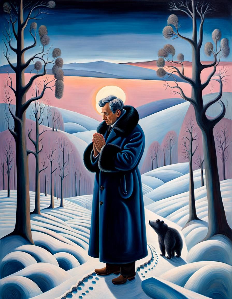 Surreal Snowy Landscape in Picasso and de Chirico Style