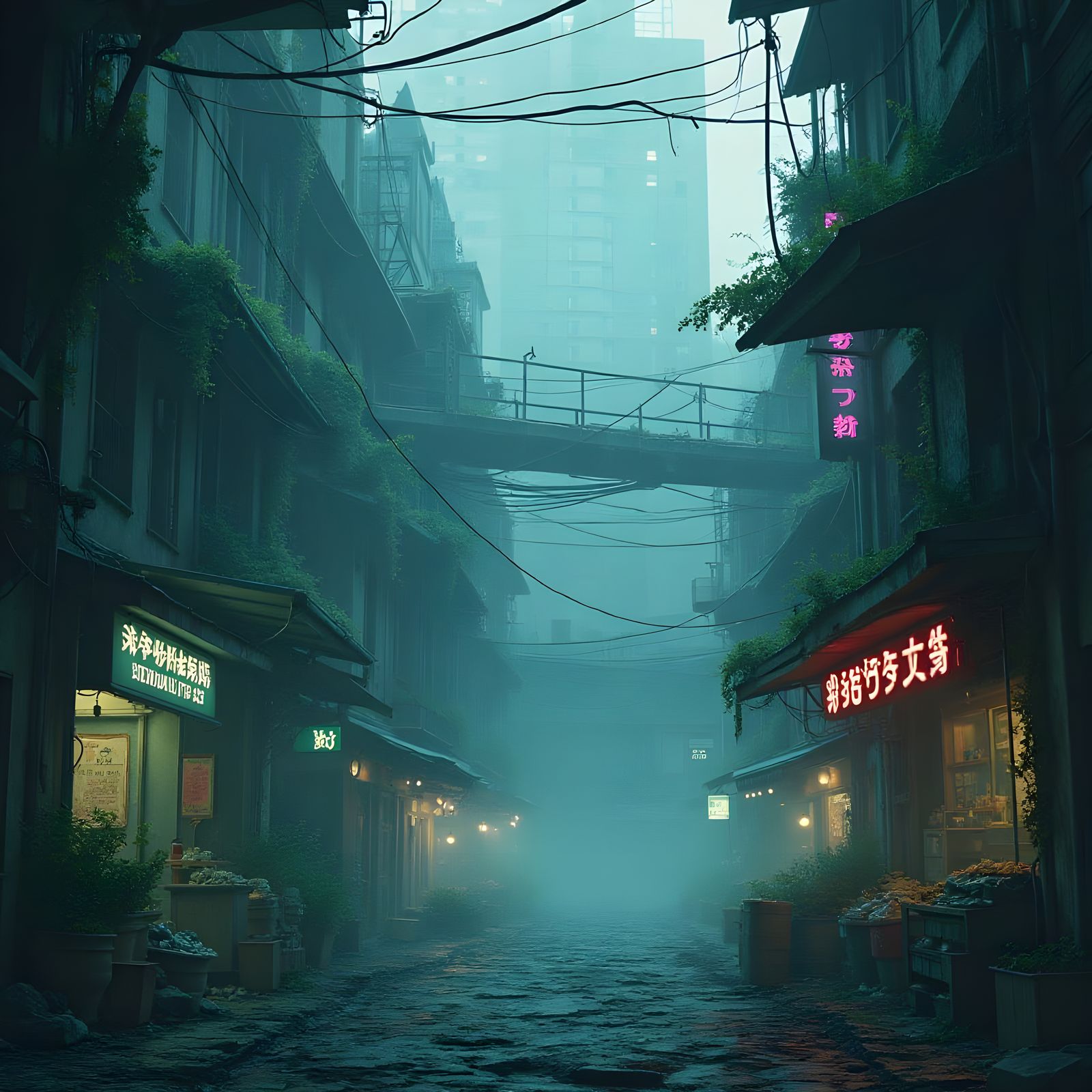 Ruined Cyberpunk Street Market Inspired by Ghost in the Shel...