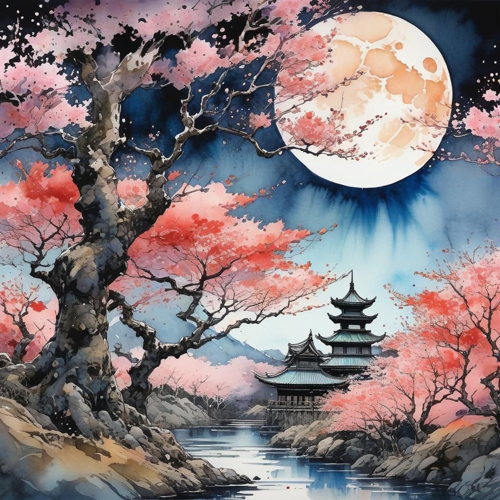 Cherry Blossom Forest Under Full Moon, Watercolor