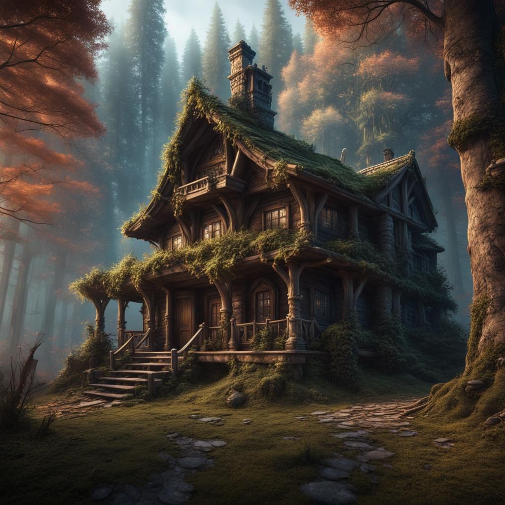 Fantasy Cabin in the Woods: Detailed Matte Painting
