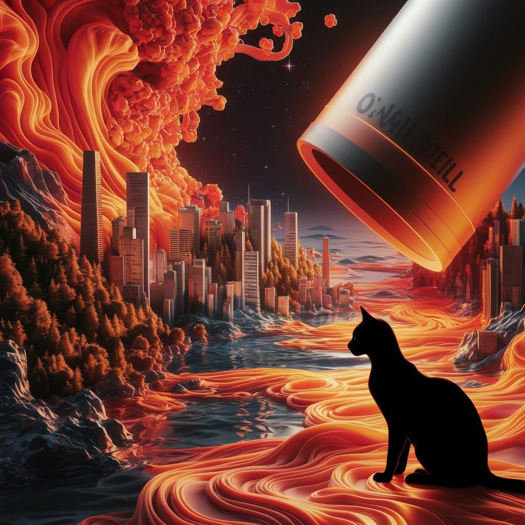 Fiery Urban Landscape with Black Cat in 3D Render