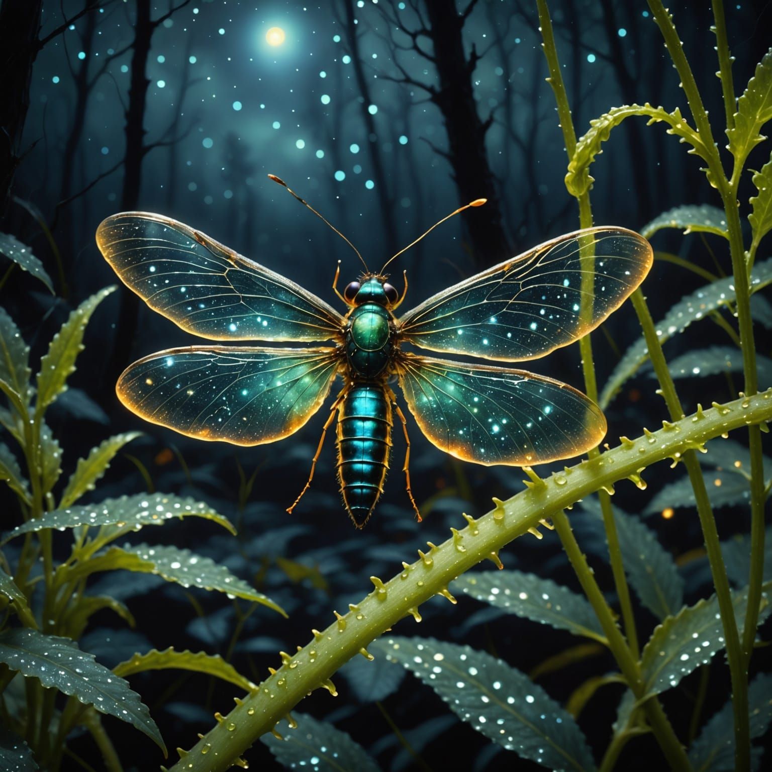 Glowing Firefly in Bioluminescent Forest