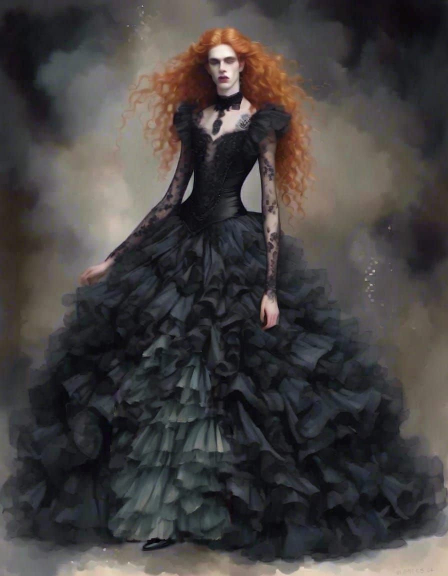 Gothic Man in Lace Dress: Watercolor Art