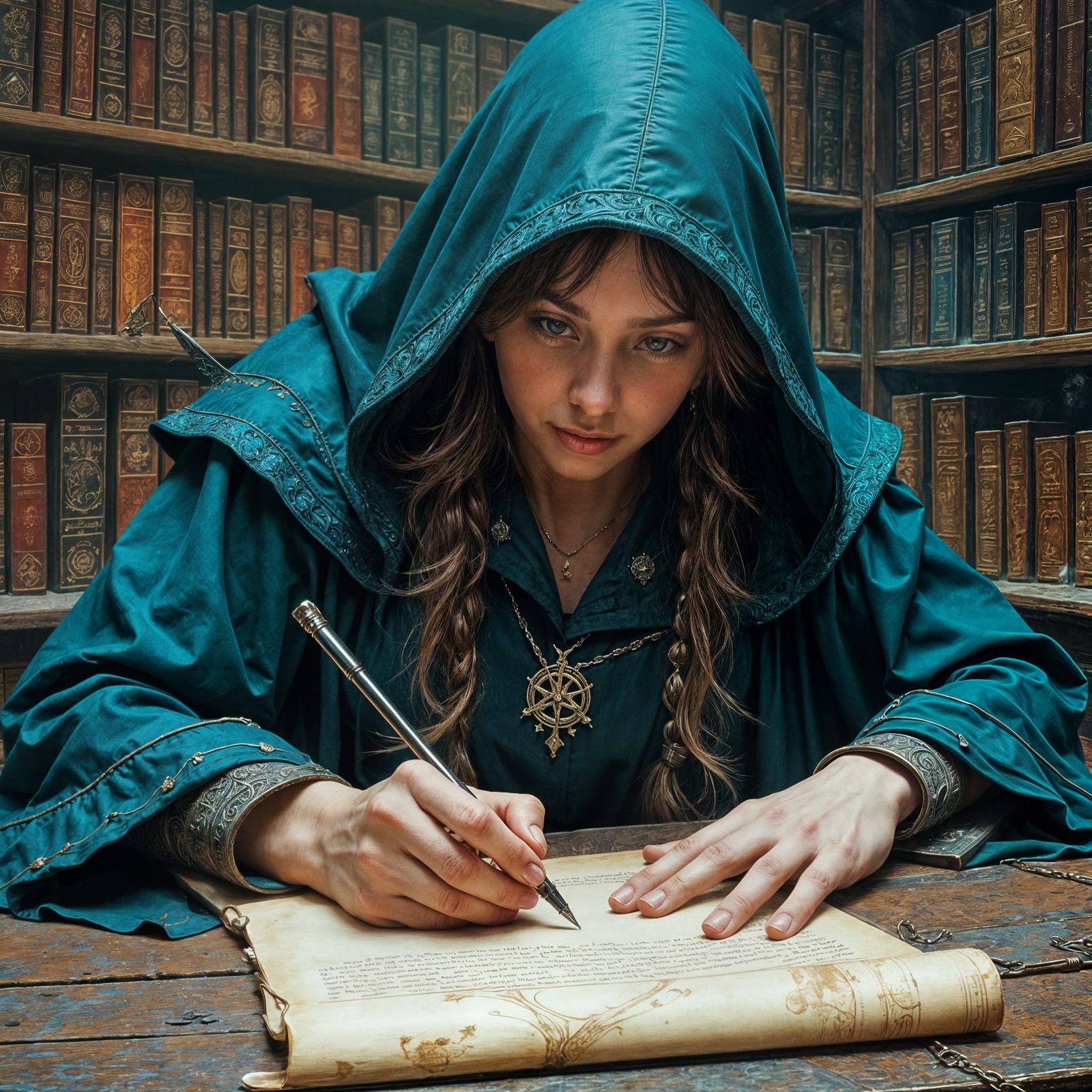 Witch Writing Magic Scroll in Dark Library