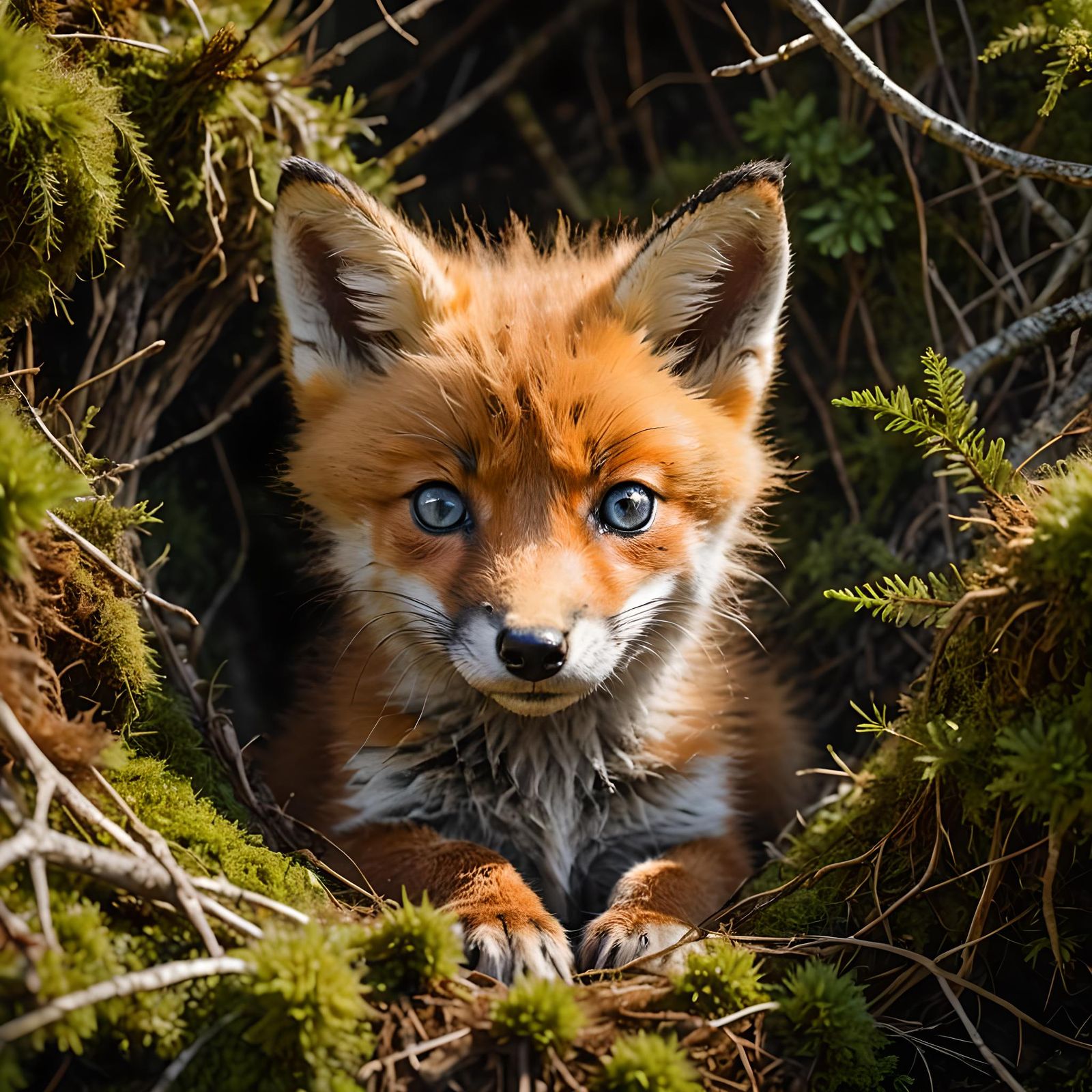 Adorable Blue-Eyed Fox Cub in Mossy Nest