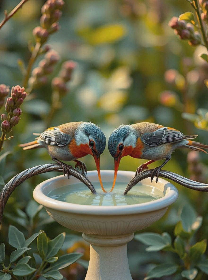 Tiny Birds Enjoying a Chocolate Fountain