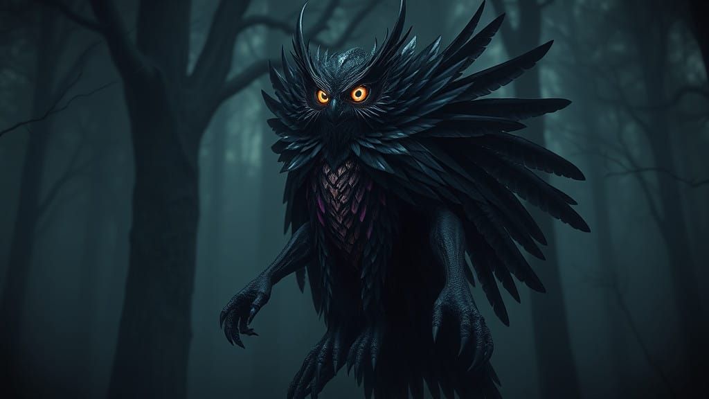 Dark Fantasy Owl Woman Stands in Foggy Forest