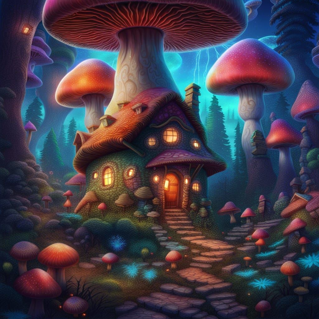 Mushroom Village: Astral Cosmic Illustration