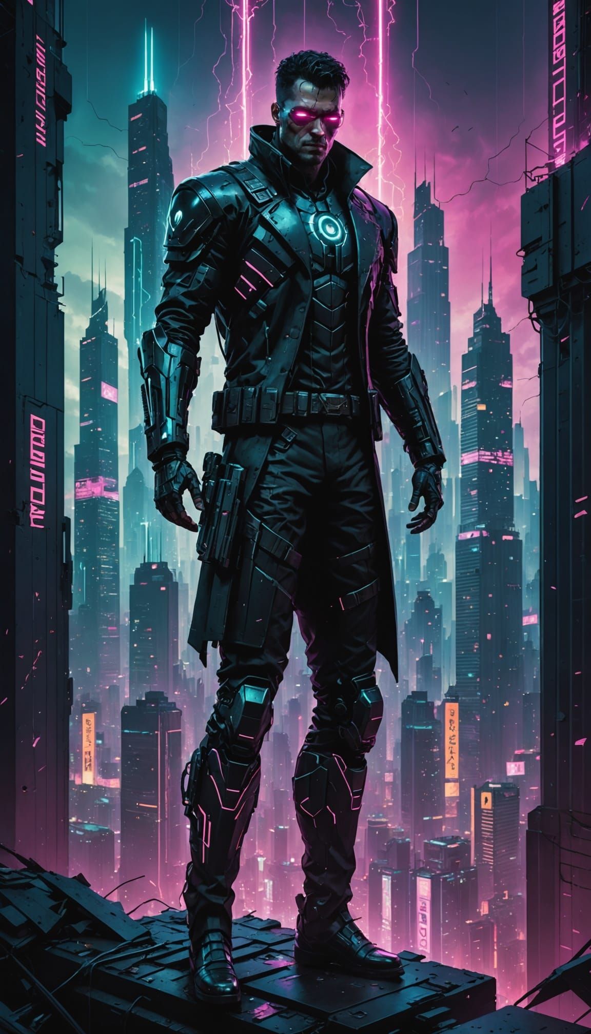 Cyberpunk Superhero Stands Tall Amidst Dystopian Metropolis