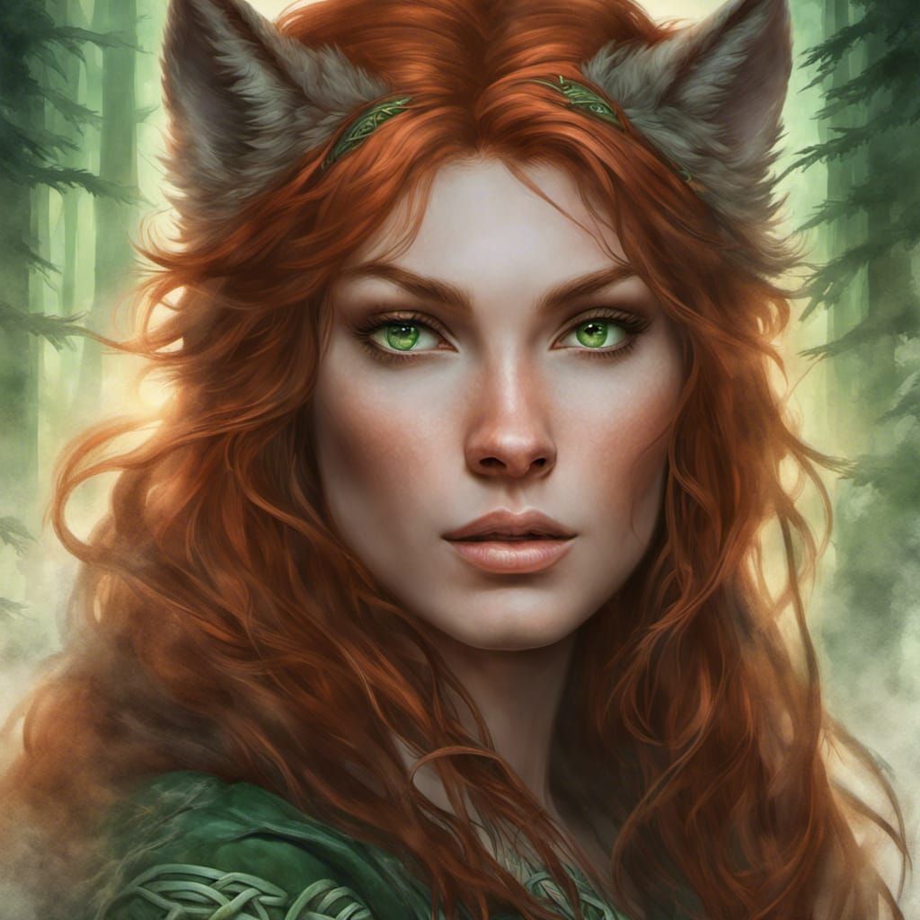 Auburn Haired Wolf Woman in Misty Celtic Forest