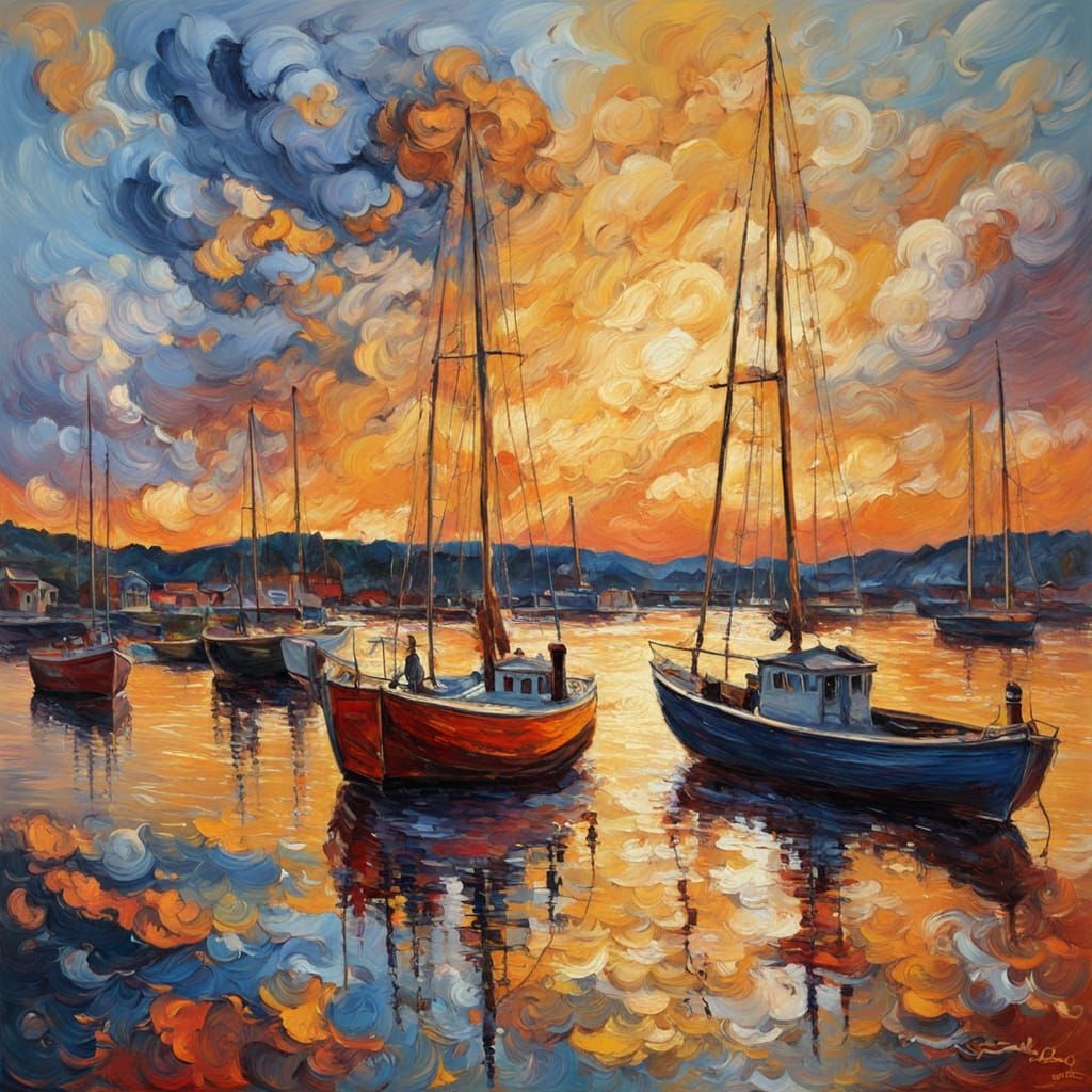 Vibrant Harbour Scene in Hamar, Norway - Neo-Impressionist O...