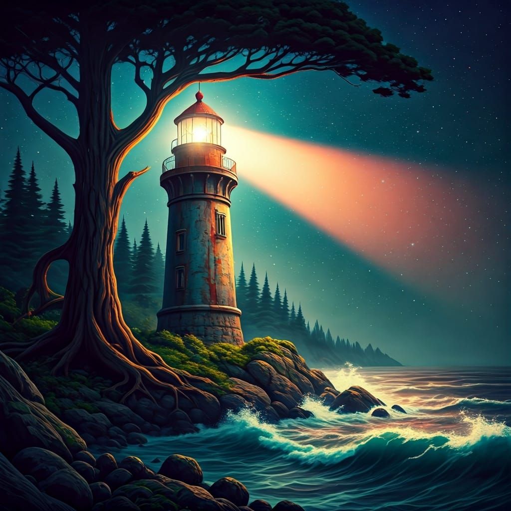 Lighthouse at Forest Edge in Psychedelic Style