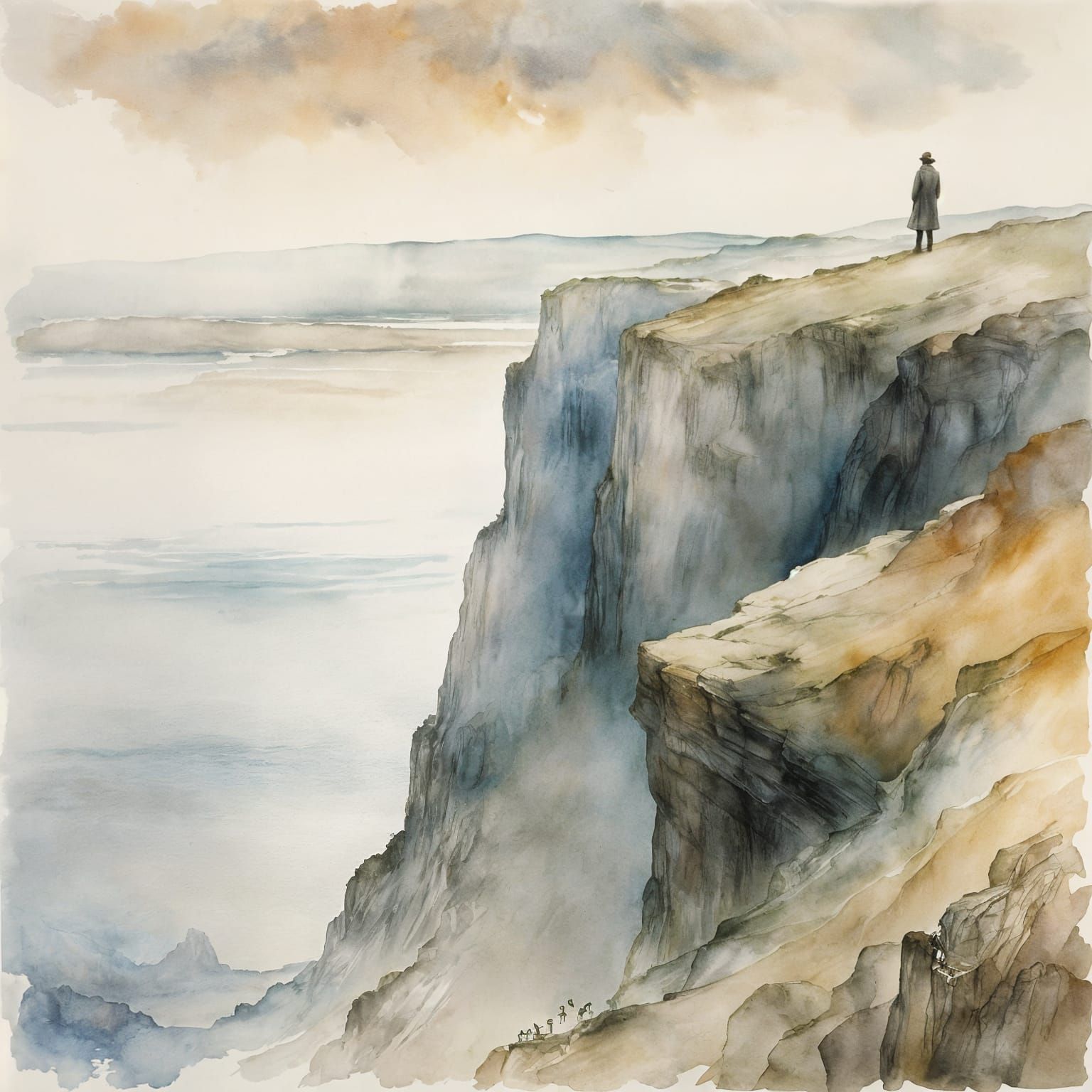 Elegant Figure Contemplates Misty Watercolor Landscape