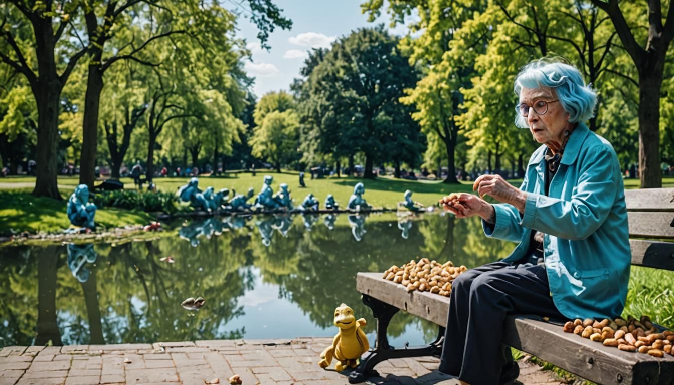 Monsters emerging from a pond in the city park. A little Old...