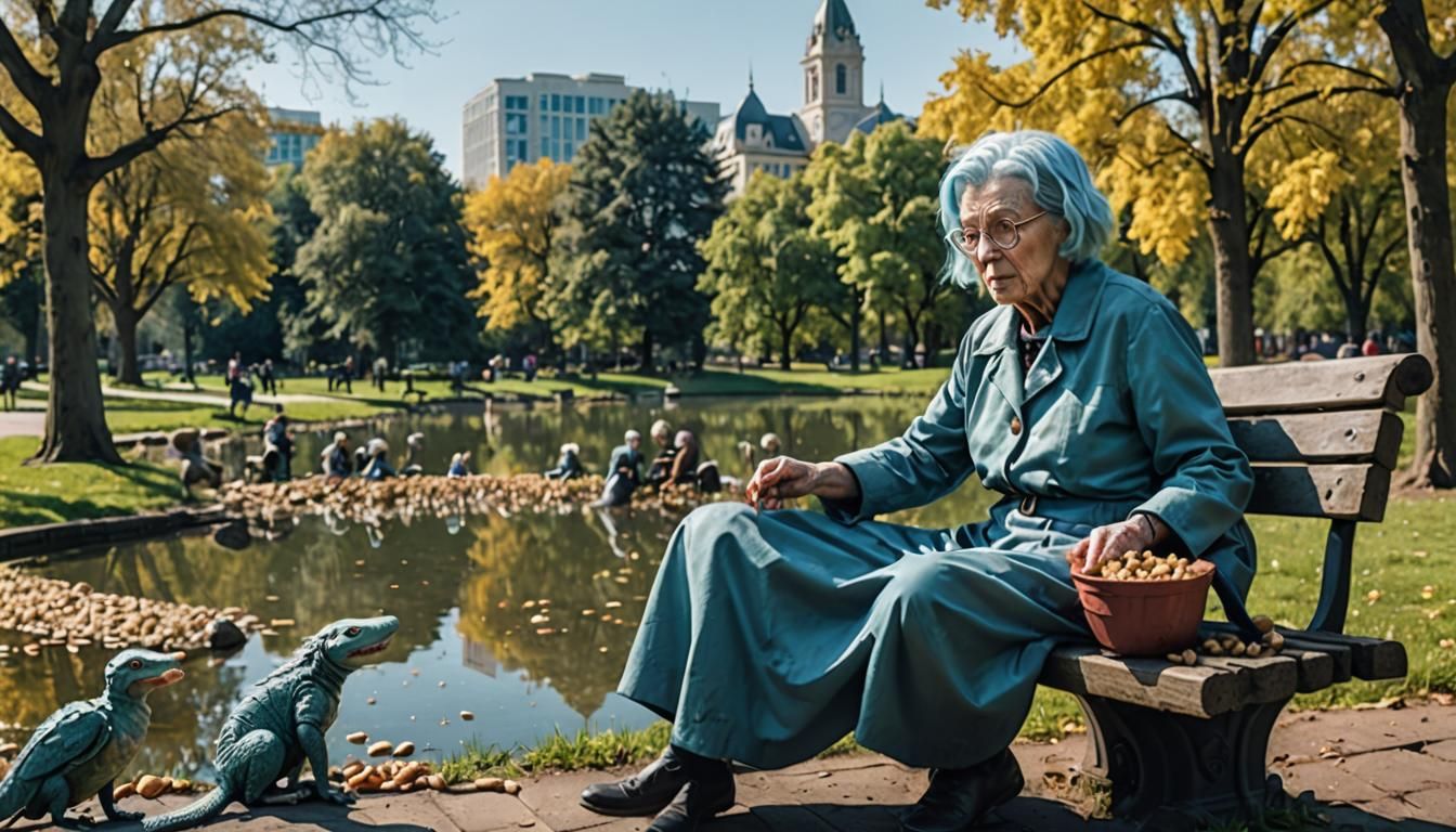 Monsters emerging from a pond in the city park. A little Old...
