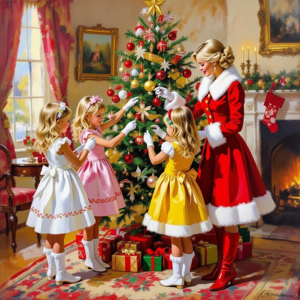 Christmas Tree Decorating Scene in Impressionist Style