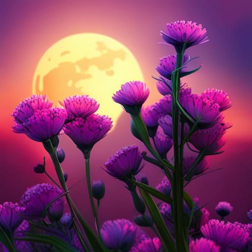 Flower Against Super Moon in Hyperrealistic Style