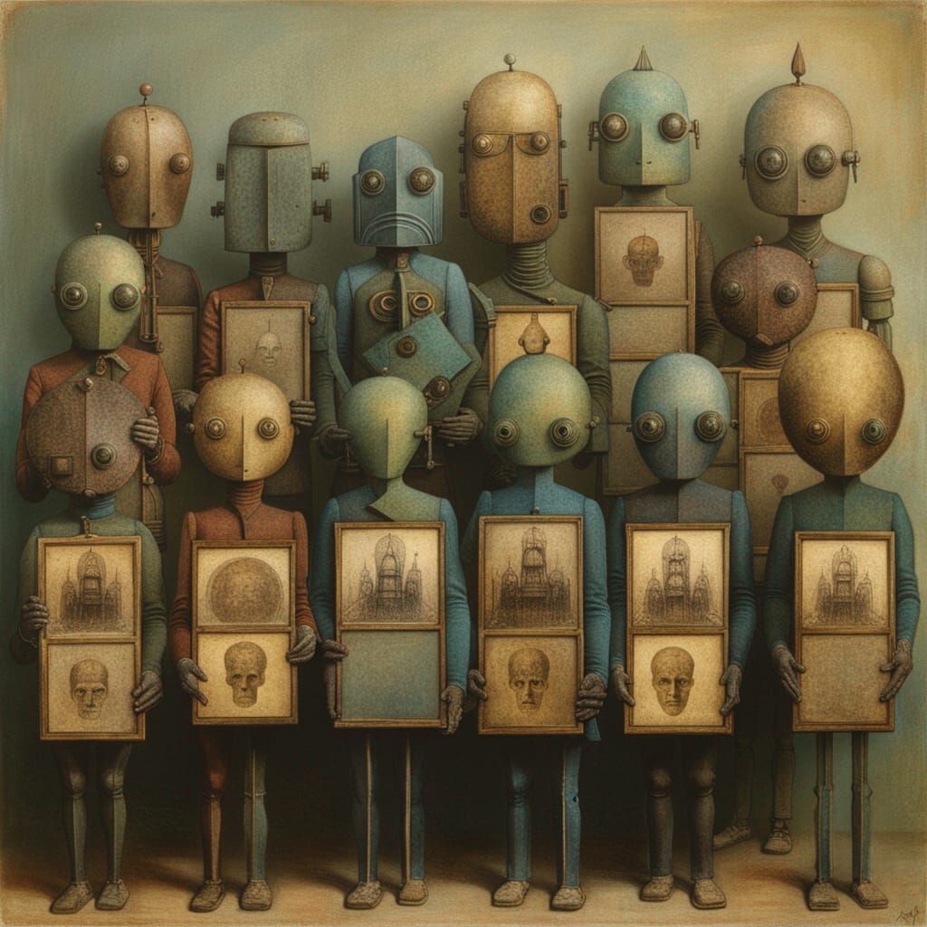 Robots Holding Alien Signs in Dark Surrealism